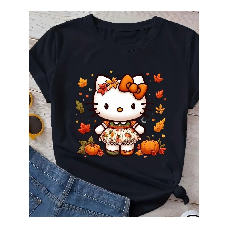 

Hello Kitty Halloween Cute Cartoon Print T-shirt Sanrio Women's New Plus Size American Fashion Loose Casual Short-sleeved Top