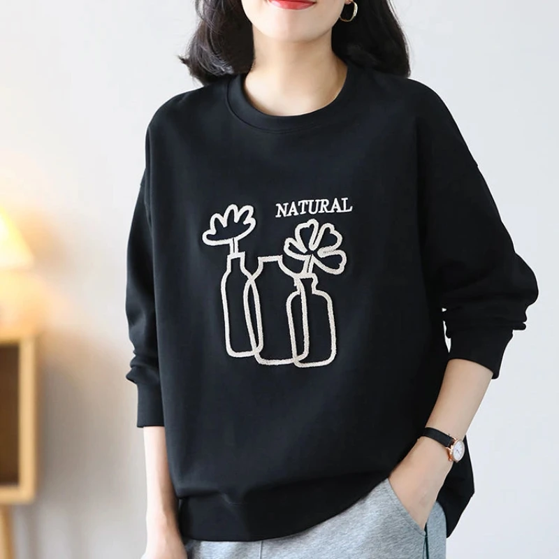 New Spring and Autumn Women\'s Solid Color O-Neck Long Sleeve Loose Printed Classic Pullovers Trendy Comfortable Commute Tops