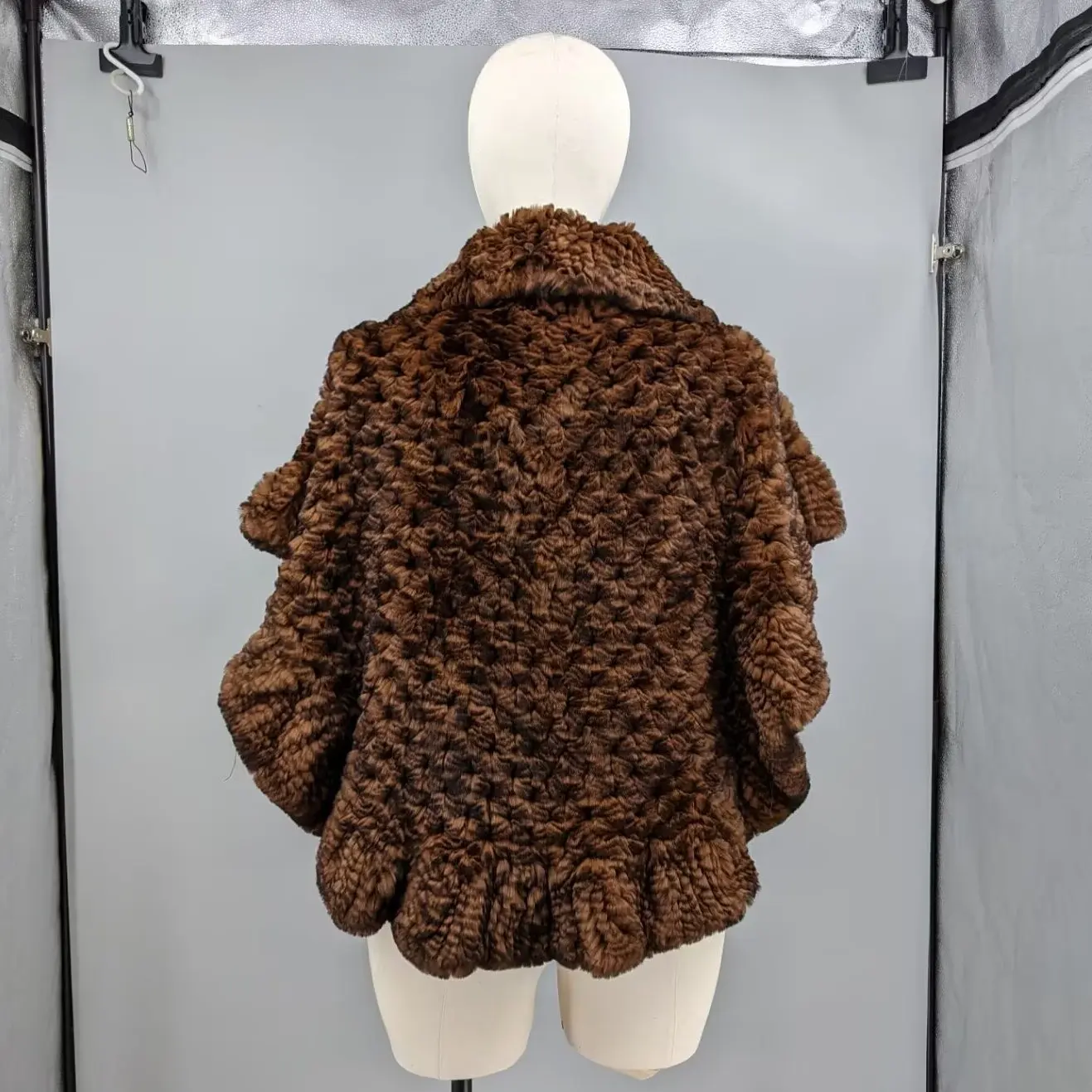 Women Coffee Brown Real Knitted Rex Rabbit Fur Cape Shawl Stand Collar Open Front Luxury Warm Winter Fur Wrap Outerwear 24A1152