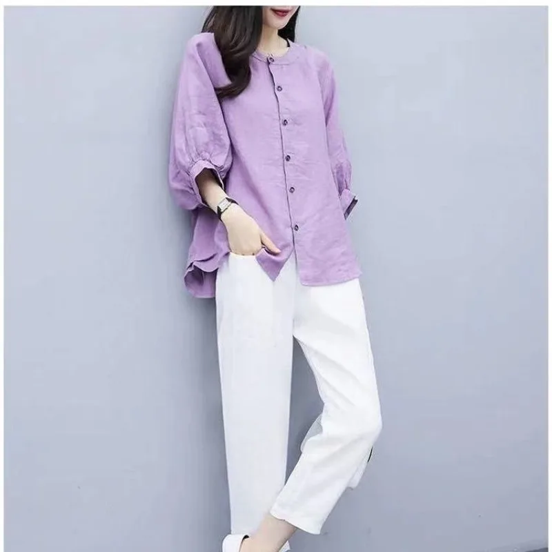 

Women's Spring Autumn Pullover Round Neck Solid Button Shirring Ruffles Lantern Long Sleeve T-shirt Loose Casual Elegant Tops