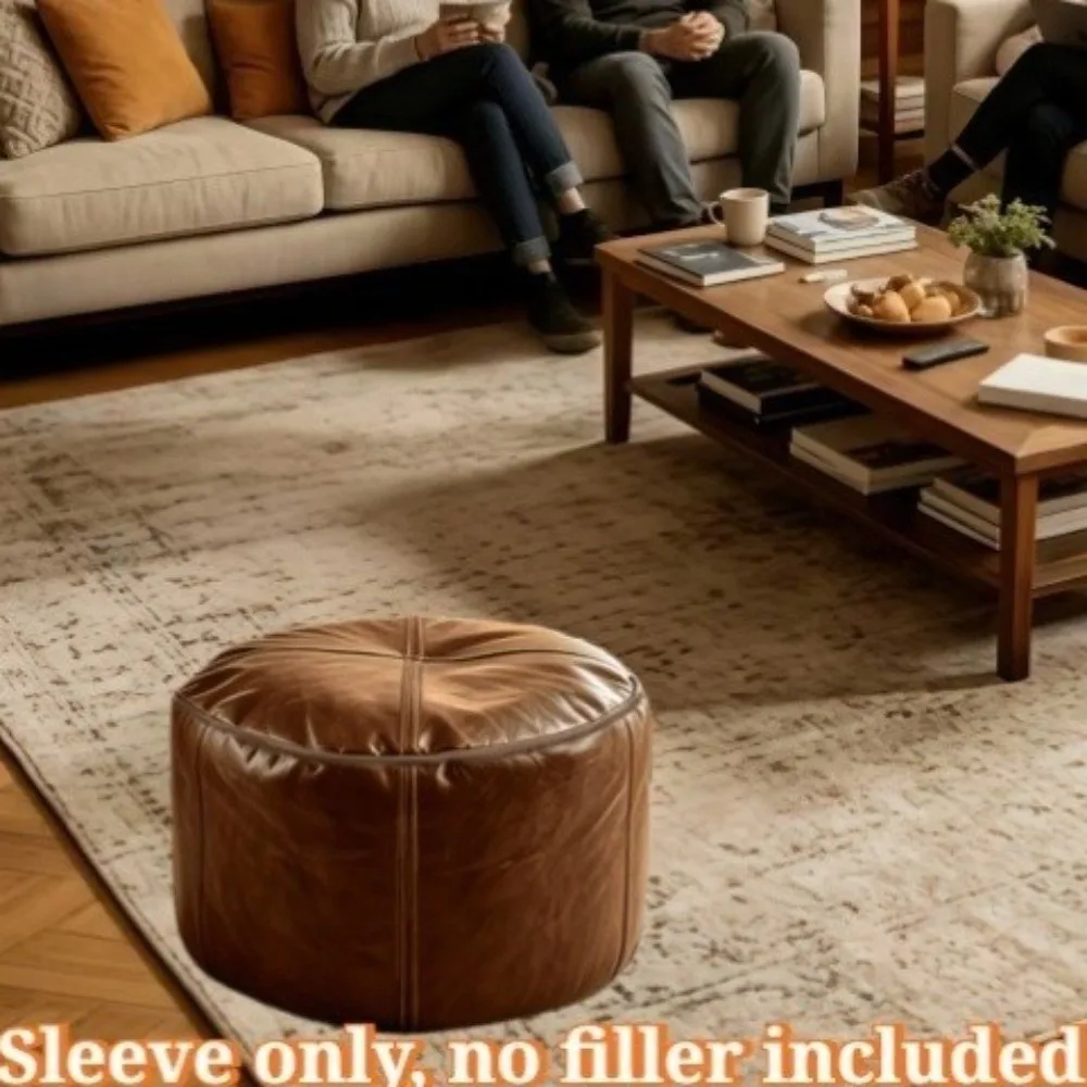 Non-Slip PU Leather Round Lazy Sofa Covers Unstuffed Large Capacity Pouf Cover Soft Removable Sofa Footstool Cover Home Use