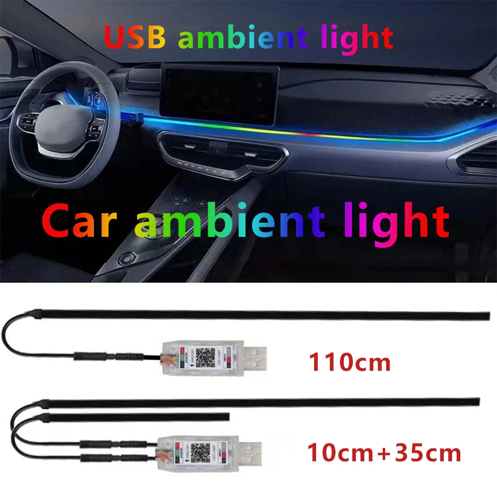 Car LED Ambient Light USB 64 Colors Acrylic Strips 110cm Full Colors RGB Car Interior Hidden App Remote Control Atmosphere Lamp