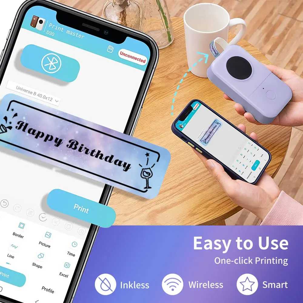 Phomemo D30 Wireless Label Maker Mini Thermal Label Printer Portable Inkless Printing Sticker Printer for Home Schllo Office