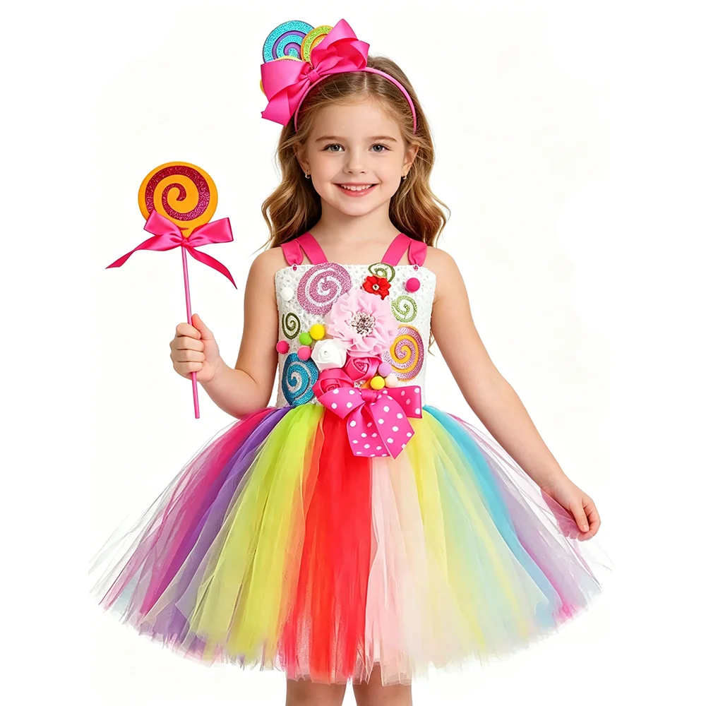 

Rainbow Flowers Lollipops Costumes for Girls Candyland Birthday Tutu Dress for Kids Candy Lolly Outfit Children Holiday Clothes