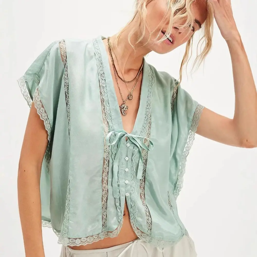 

European Fashion Women's Summer New Vest Casual Short Sleeve V-Neck Lace Up Single Breasted Lace Splice Solid Color Shirt
