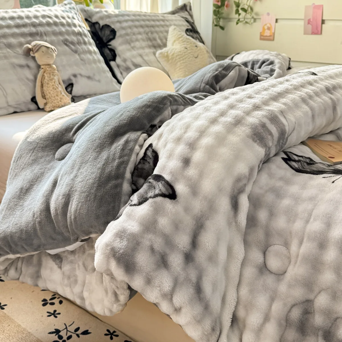 Thick Warm Faux Rabbit Fur Winter Blanket Ink Wash Butterfly Print Bubble Fleece Comforter Soft Fluffy Single Double Bed Blanket