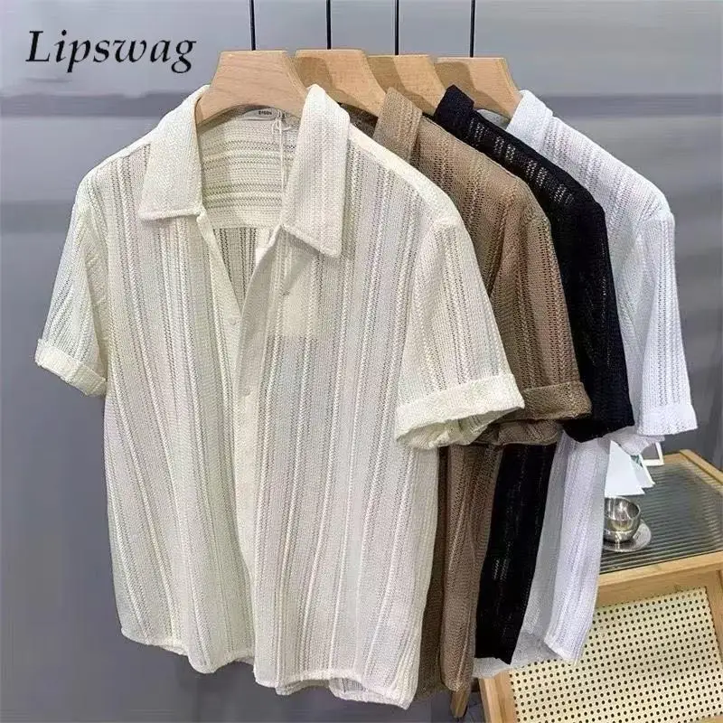 

Beach Casual Mens Knit Shirts Vintage Hollow Out Texture Knitted Shirt Men Summer Fashion Solid Color Short Sleeve Cardigan Tops
