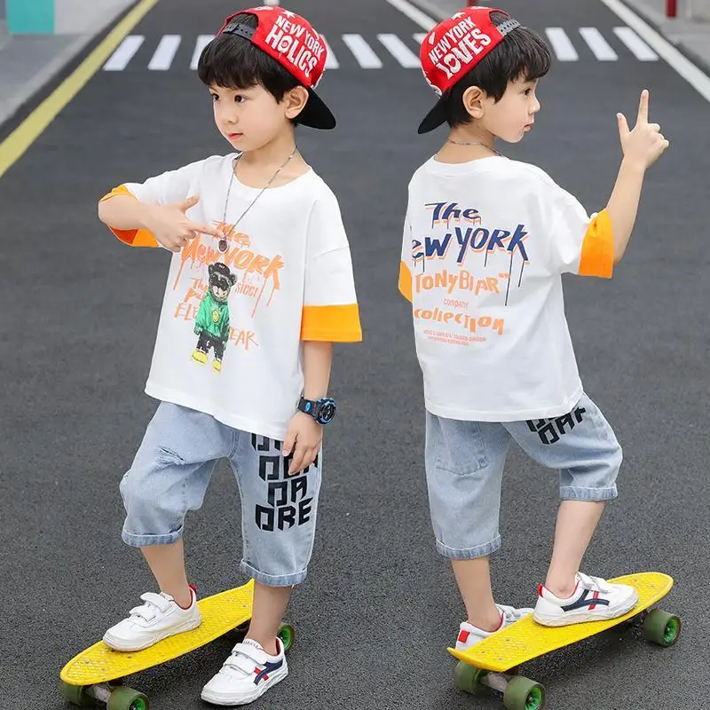 

2022 Nieuwe Unsex Meisjes Jongen Jeans Zomer Kids Kinderen Sets Sport Pak Katoen Korte Mouw Hip Hop Kostuum 4 6 7 8 9 11 12 Jaar