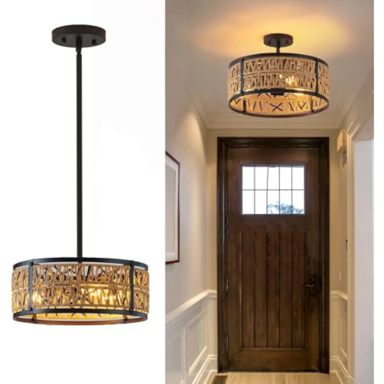 

3-Lights Rattan Boho Chandelier for Dining Room Drum Wicker Pendant Light Fixtures Hanging Woven Coastal Ceiling Light for Farm
