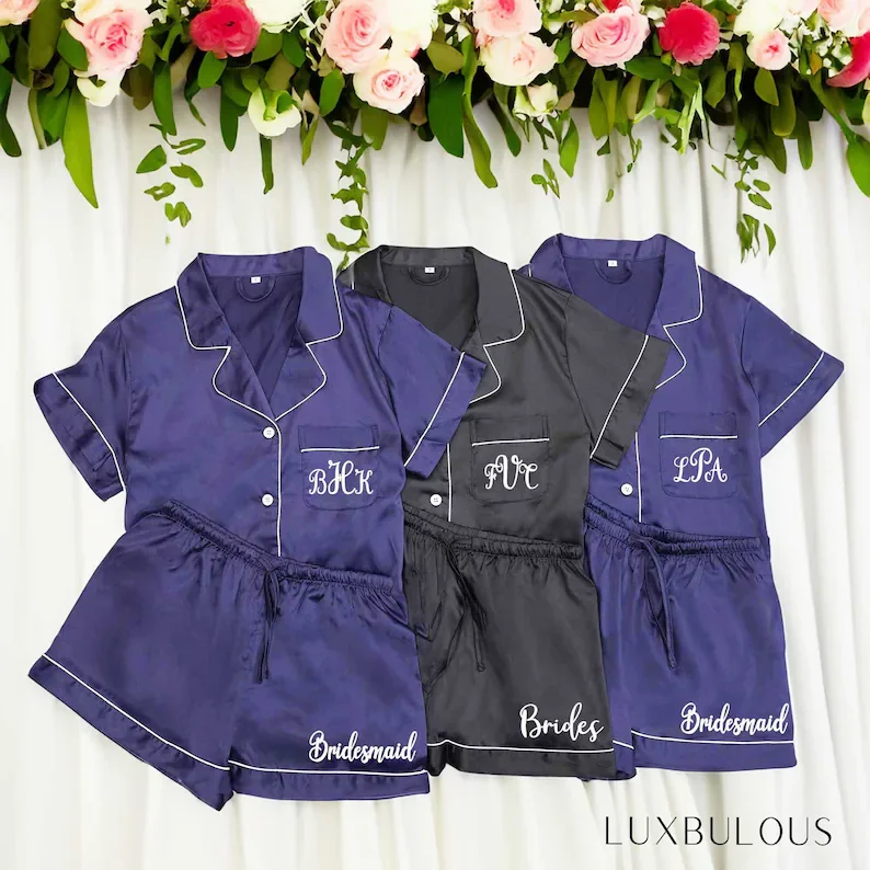 Personalised Bridesmaid Satin Sleep Shorts Customized Silk Bride Pajamas Matching Pajama Bachelorette Wedding Party Gift