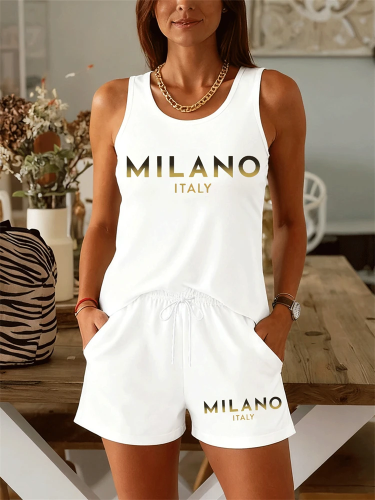 Summer Women's Simple Letter-Print Round-Neck Tank Top and Shorts Set Casual Loose-Fit Pajama Set Sleeveless Sports T-Shirt Set