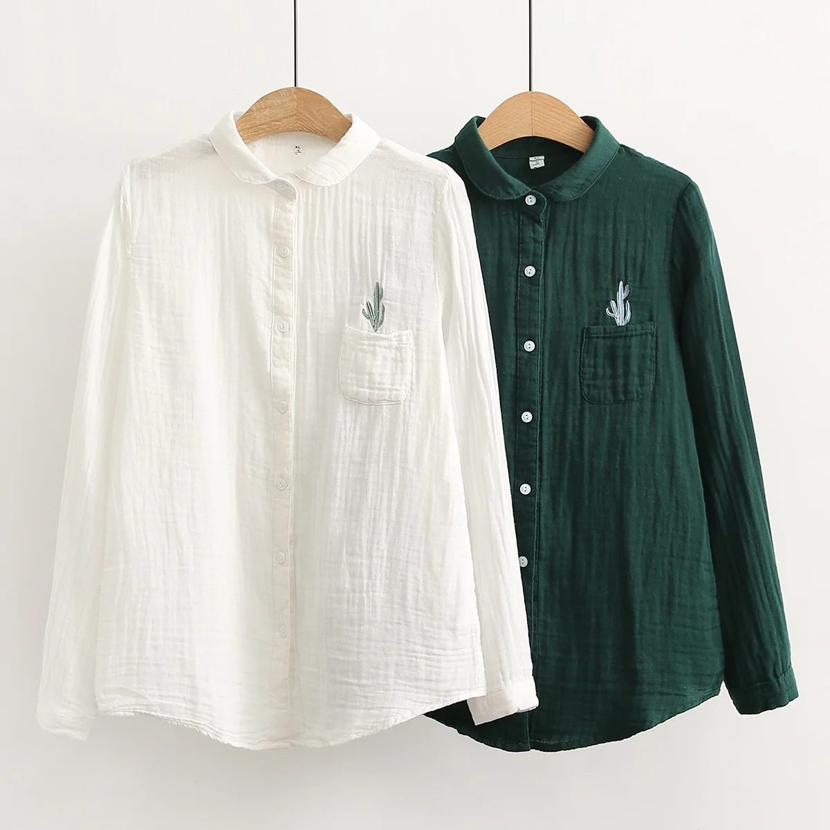 100% Cotton Yarn Deep Green Blouse Women 2025 Cactus Embroidery Shirts Korean style Women\'s Clothing Original Brands Tops