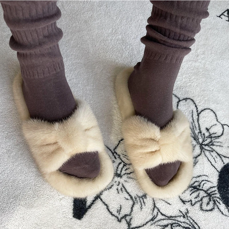 2026 Luxury New Women Mink Fur Slippers Adult Women Bow Solid Plush Slippers Head Flat With Fur Mink Slippers