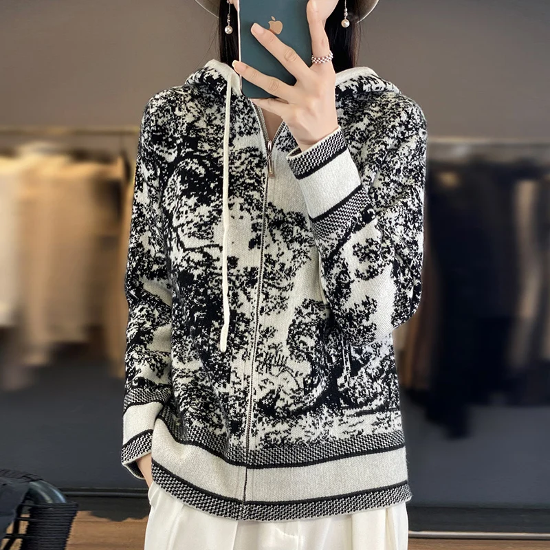 100% wool knitted cardigan women's autumn and winter new hooded collar cashmere sweater jacket loose Korean fashion women's top