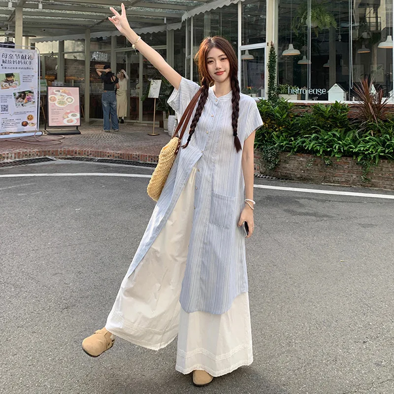 

Korean-Style Striped Sweet Layered Outfit For Women, Summer 2026 New Model, Shirt Dress And Wide-Leg Skirt Two-Piece Set
