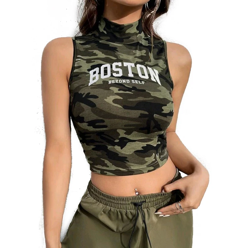 2025 New Ins European and American Camouflage Letter Printed Small Vest Women's Summer New Slim Short Sports Top