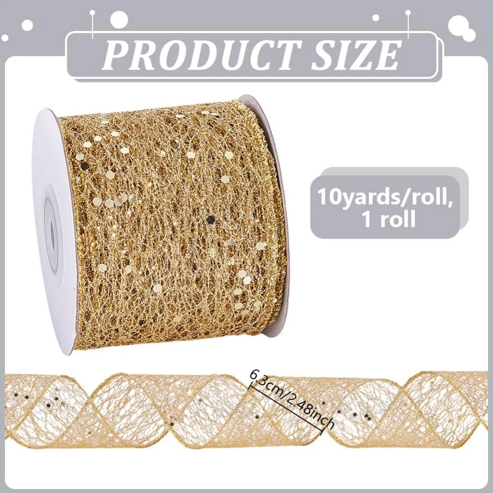 1 Roll Polyester Ribbons with Sequins for Sewing Accessories Gold 2-1/2 inch(63mm) 10.00 Yards(9.14m)/Set