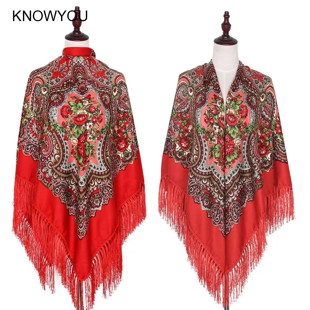 Ethnic Style Print Floral Wraps for Women Russian Fringed Square Scarf Elegant Mujer Bufanda Retro Shawl Large Size Hijabs