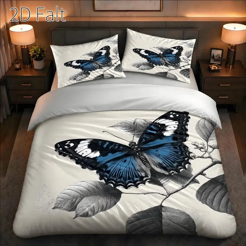 3-Piece Duvet Cover Set, 1 Duvet Cover + 2 Pillowcases (Without Filling) 2D Flat Printing, Duvet Cover Set of Three, Blue Butterfly Theme, Vintage Hand-Painted Style, No Specific Holiday Theme, Suitable for All Seasons, Machine Washable, Invisible Zipper, Large Duvet Cover Set, Bedding Set, Skin-Friendly and Breathable, Soft and Comfortable, Does Not Fade or Pill, for Home/Dorm