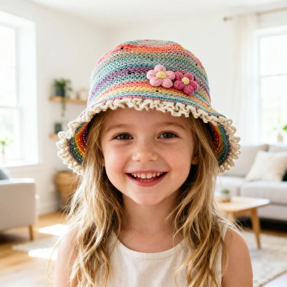 Girls Crochet Bucket Hat Rainbow Stripe Lace Trim with Flowers for Toddler Sun Protection Beach Photo Prop Fisherman's Cap