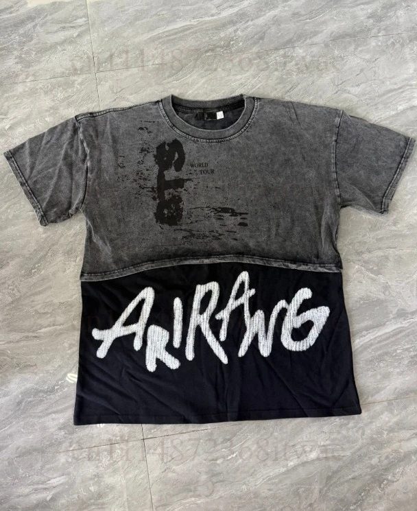 Men Women Retro Washed Spliced Tee ARIRANG Letter Graphic Print Fake Two‑Piece Short‑Sleeve Loose Streetwear T‑Shirt