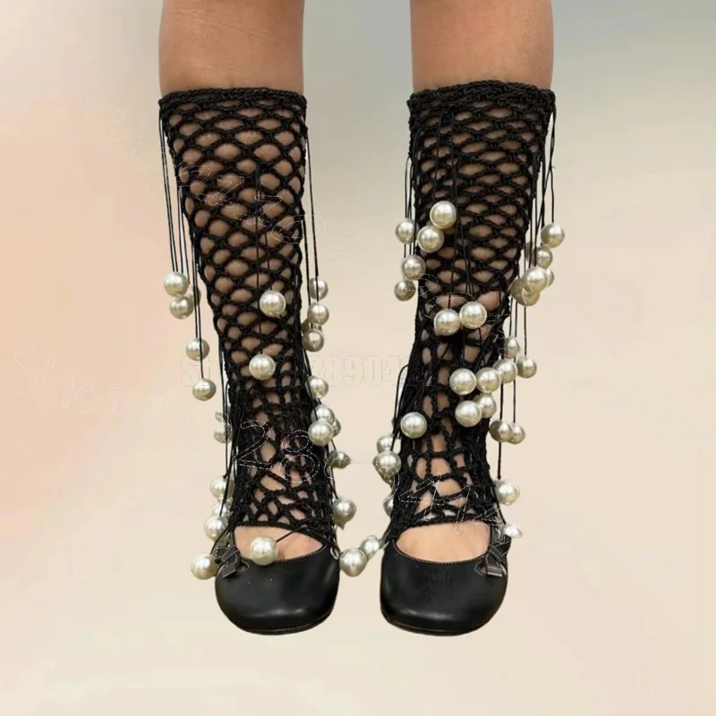 

Black Hollow Design Pearl Decor Round Toe Sandals Elastic Band Women Shoes Thin High Heels Party Dating 2025 Zapatos Para Mujere