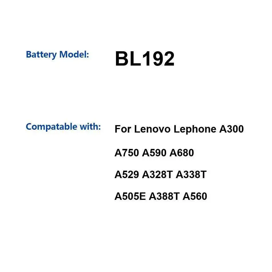 

Долговечный аккумулятор для мобильного телефона BL192 для Lenovo Lephone A300 A750 A590 A680 A529 A328T A338T A505E A388T A560 2000 мАч