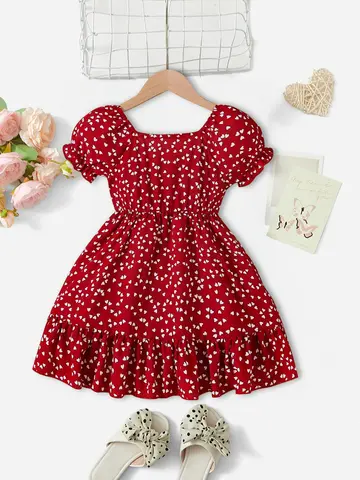 Girl's square neck pleated sleeve print dress, summer red dress for girls