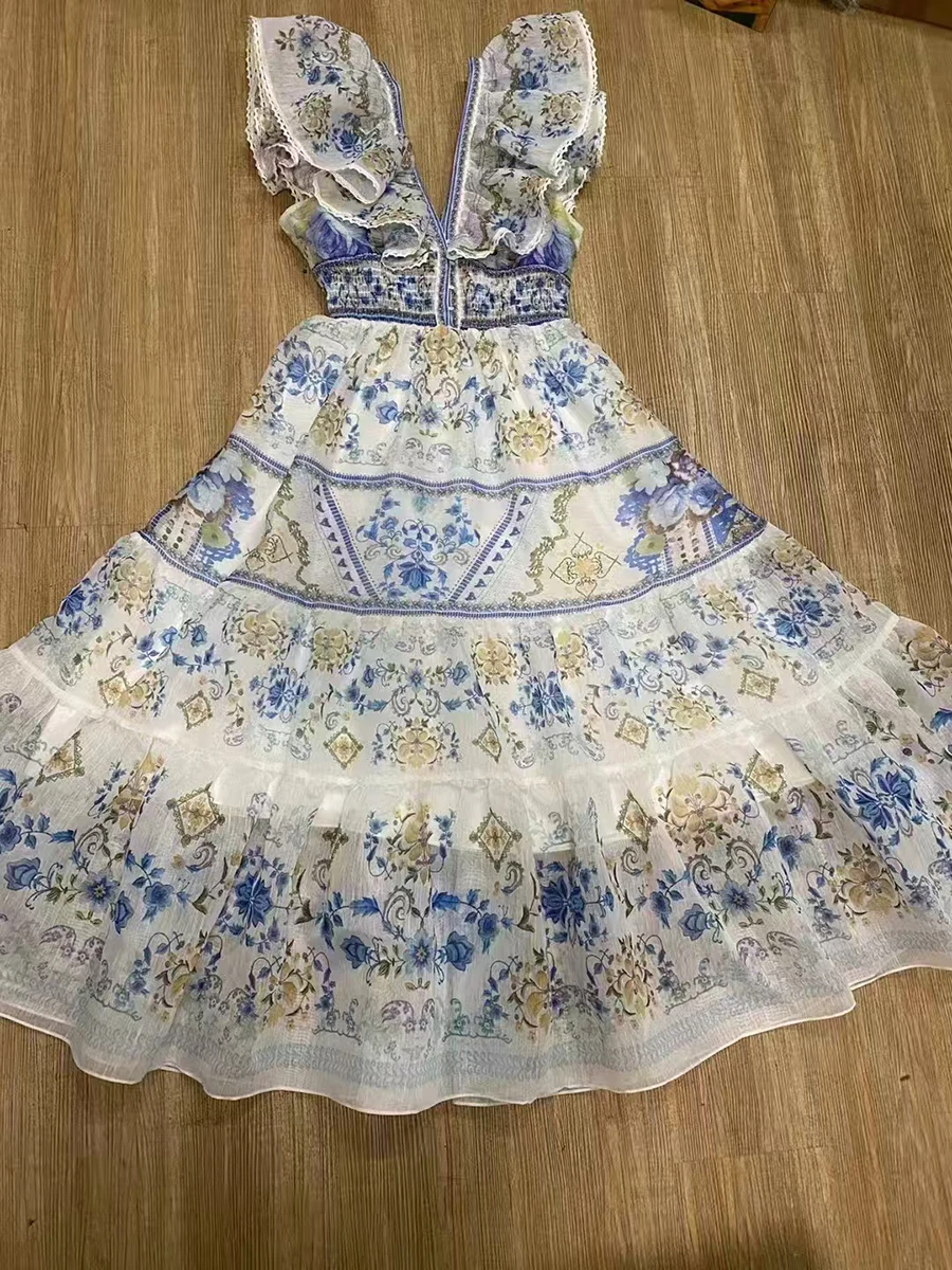 VGH Franse retro print midi-jurken voor dames diepe v-hals vliegende mouw hoge taille patchwork plooien rand galajurk vrouwelijk nieuw