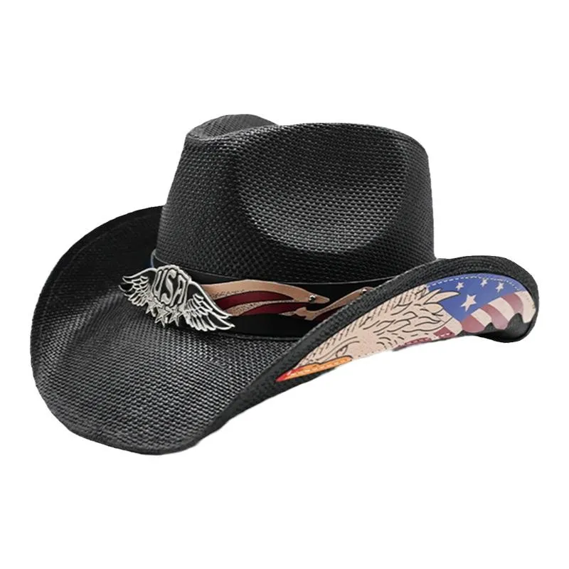 Retro USA Printing Leather Band Women Men Hard Straw Riding Wide Brim Outdoor Beach Cowboy Cowgirl Western Sun Hat Sunscreen