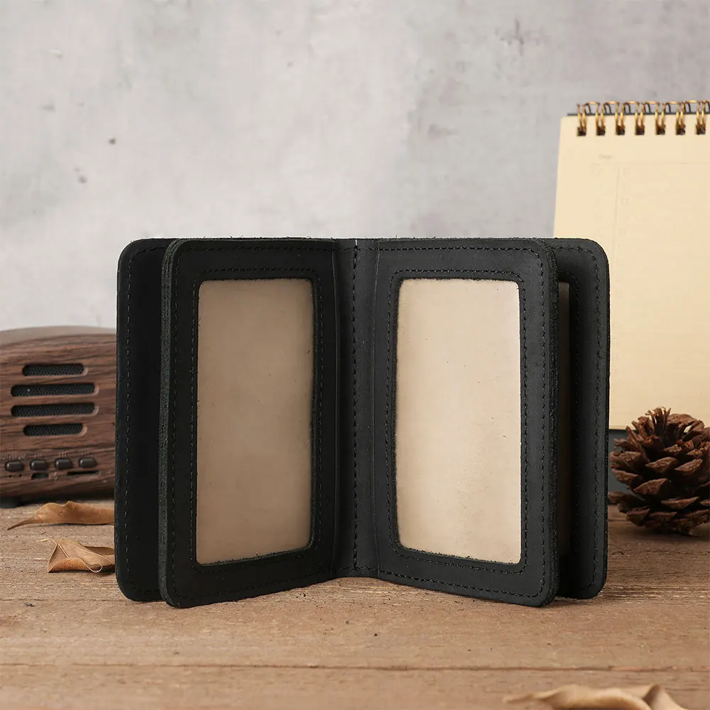 Vintage Men's Wallet Genuine Leather  Credit Card Holder Wallet Short Drivers License 5 Transparent Windows ID Card Cases