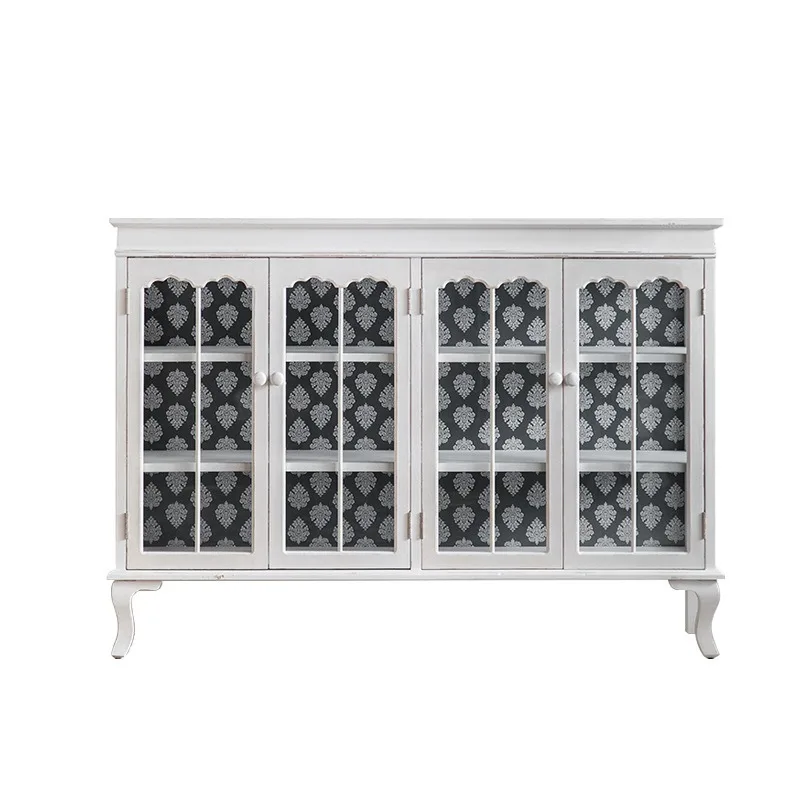 White tempered glass dining side cabinet, French solid wood living room storage cabinet, new hotel and homestay entrance cabinet