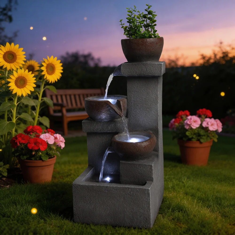 Outdoor Water Fountain Tiered Cascading Jar Waterfall Resin Garden Patio Decor with LED Lights view 7