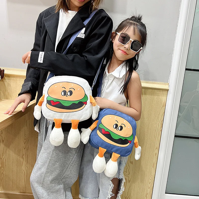 Creative Cartoon Canvas Bag New Cute Burger Crossbody Bag Korean Style Sweet Girl Bag Kawaii Kids Bag Parent Child Messenger Bag