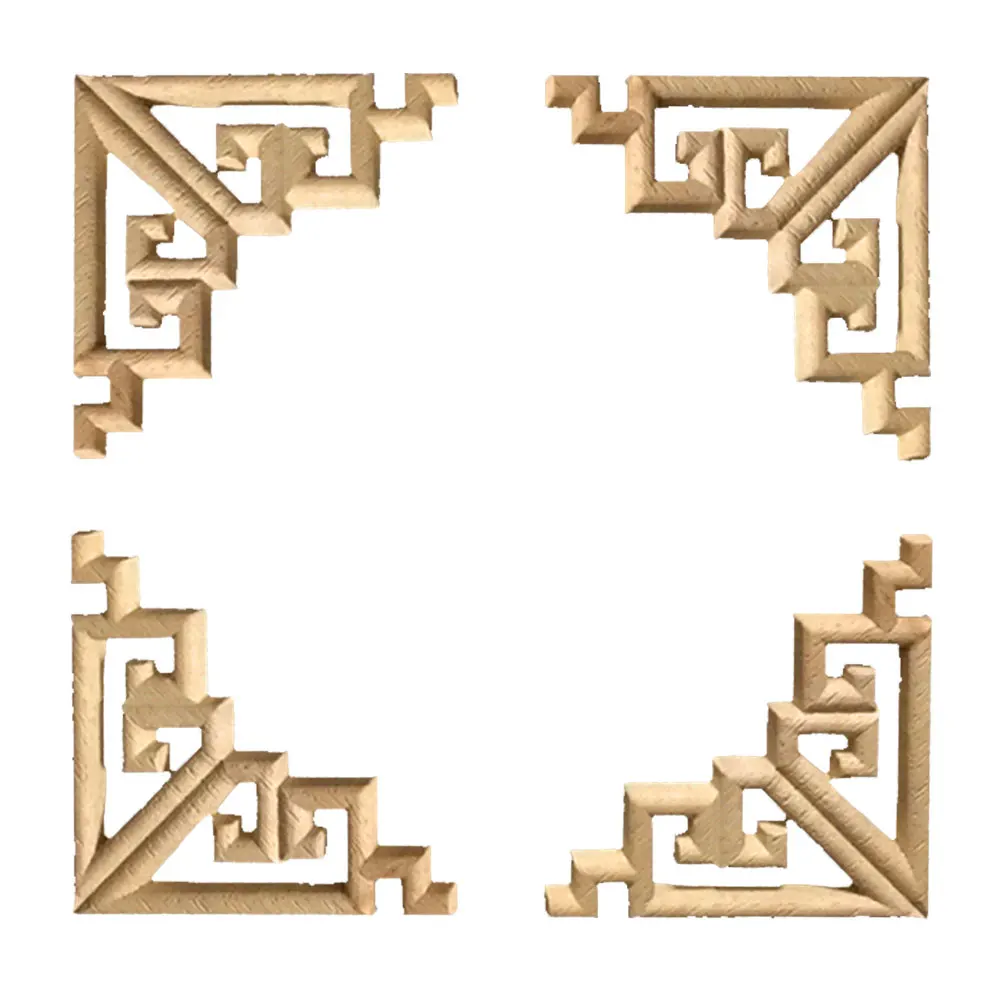4pcs European Retro Natural Wood Applique Unpainted Wood Decal Wooden Rubber Carving Walls Corner Furniture Craft Decoration