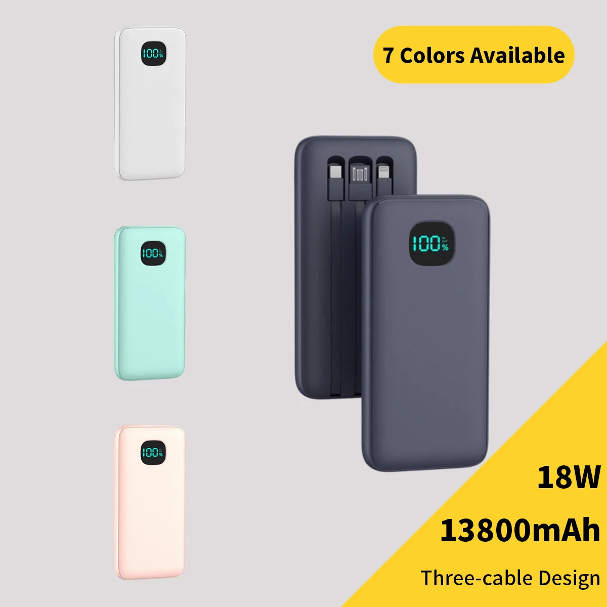 Built-in 3 Cables 18W Fast Charging Portable Charger 13800mAh Power Bank LED Digital Display Multi-Color Battery Pack For iPhone 16 15 14 13 Pro Max Samsung Galaxy S25 S24 S23 Ultra Google Pixel Oneplus Cell Phone Tablet