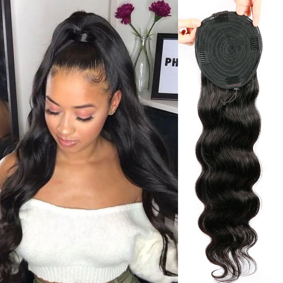 Body Wave Long Drawstring Ponytail Human Hair Extensions Peruvian Hair Clip In Remy Natural Black 2 Combs Heat Resistant Pony