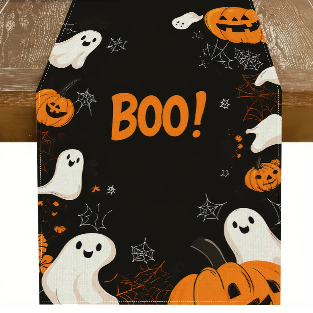 Halloween Table Runner Spooky Cute Ghosts, Pumpkins & Bats Design with Rectangular Kitchen Dining Decor for Halloween Party
