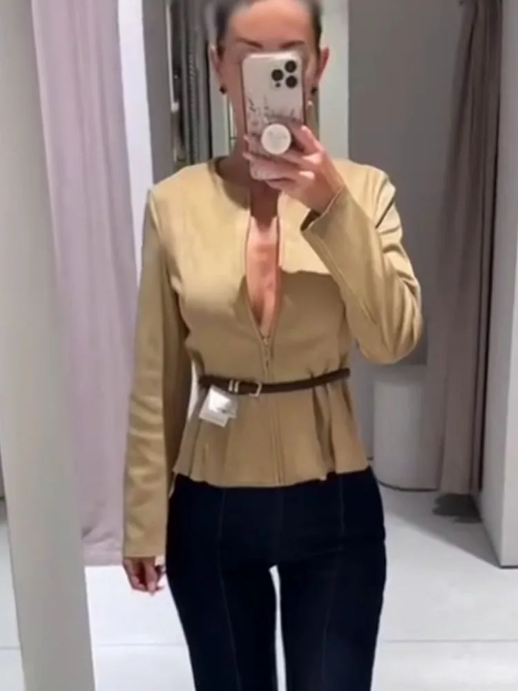 HH Women Round Neck Long Sleeves Zipper Belt Decoration Suede Effect Skirt Hem Jackets Female Slim Fit Street Style Coat