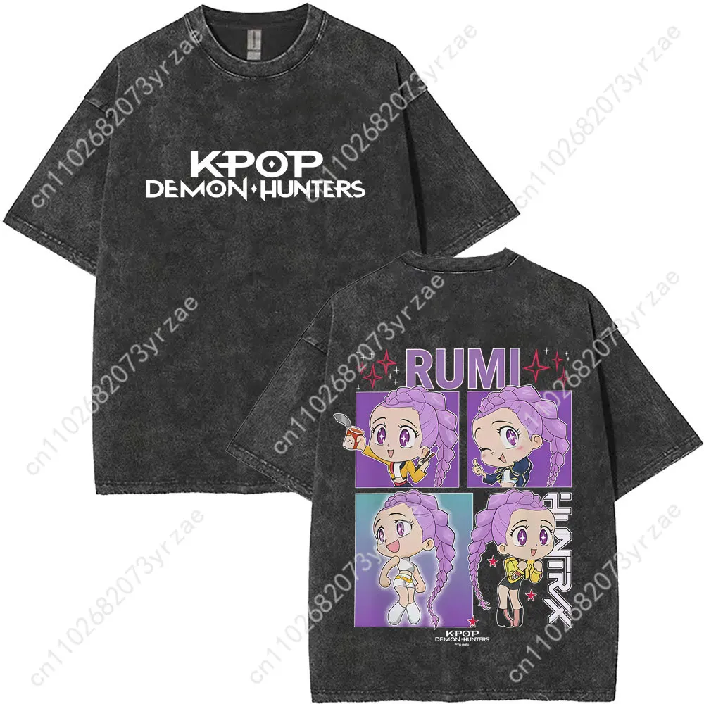 Kpop Demon Hunters rétro lavage t-shirt homme femme haute qualité Vintage t-shirt mode coton manches courtes doux dessus respirants