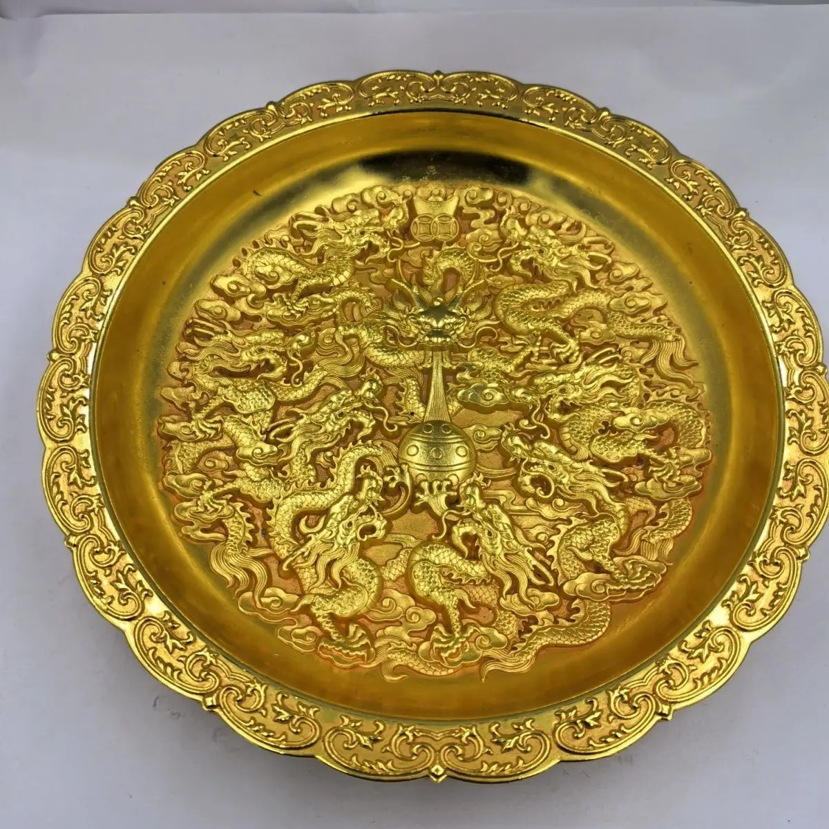 Antique Collection Miscellaneous Pure Gilt Kowloon Copper Plate Lucky Treasure Plate Home Copper Ornament