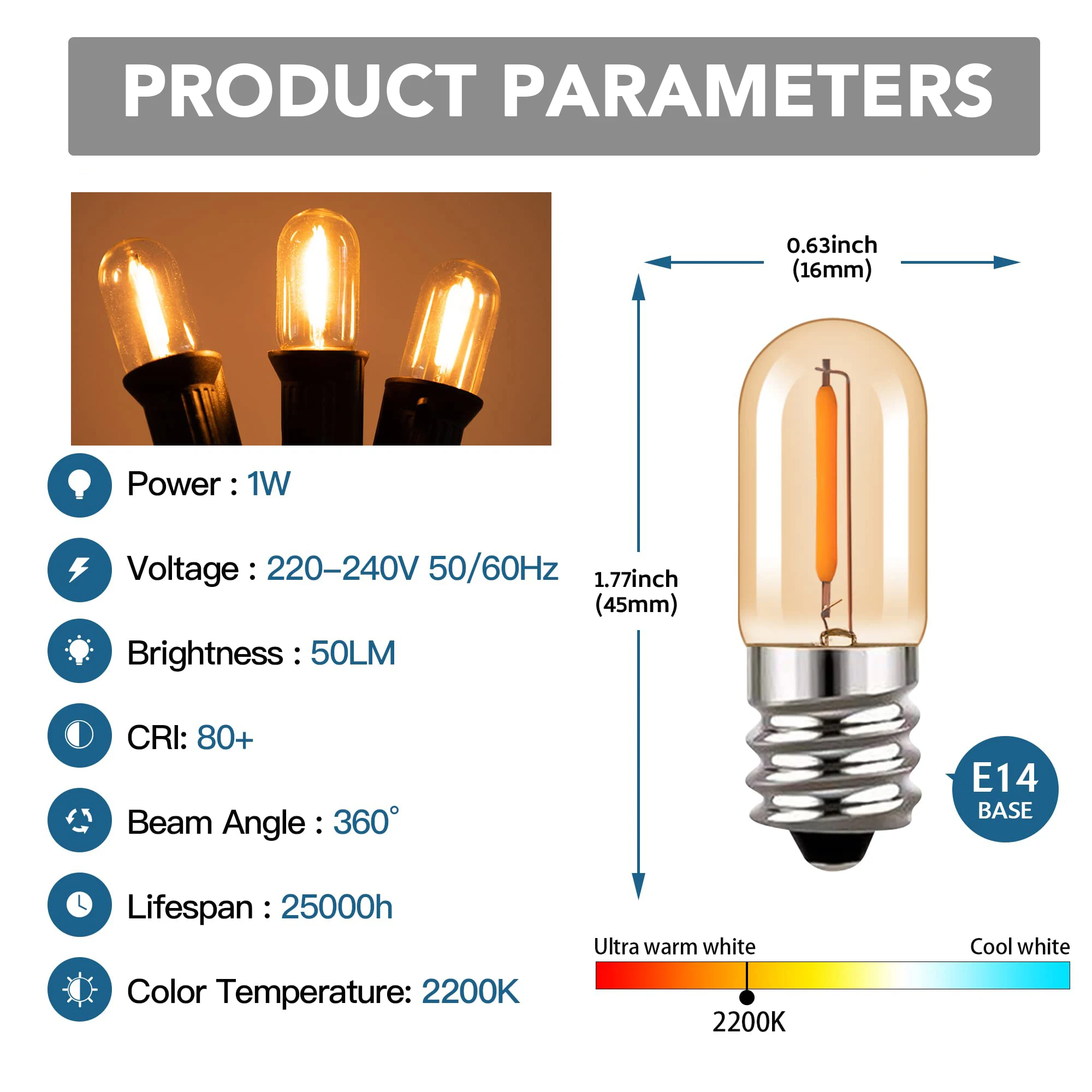 E14 LED Light Bulb T16 E12 Tubular LED Filament Bulb Amber Glass Edison Lamp 0.6W Warm White 2200k 110V 220V Light Bulb