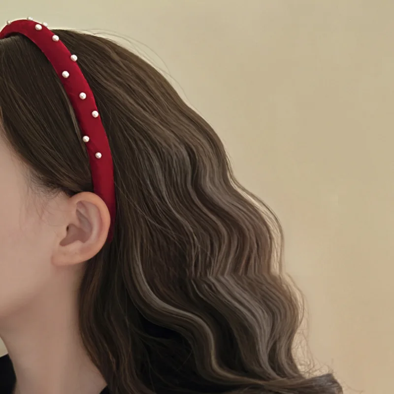 French vintage sweet wine red pearl velvet headband girls go out with everything simple fine edge headband headwear