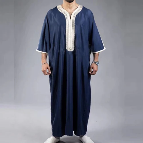 Imagen 2 del producto Verano 2025 Kaftan musulmán de manga corta bordado suelto Casual bata transpirable Abaya islámica para hombres