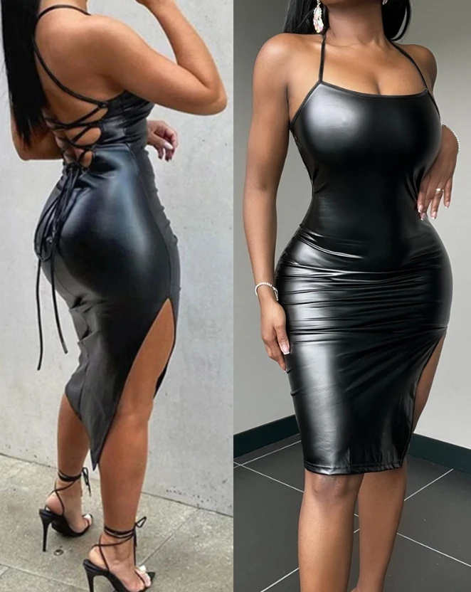 

New Fashion 2024 Casual Elegant Evening Party Dresses Women Sexy Backless Slit Pu Leather Bodycon Dress Female Clothing Outfits