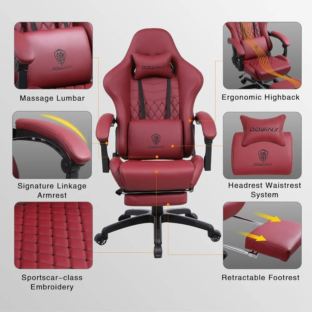 Gaming Office Desk Chair with Massage Lumbar Support, Vintage Style Armchair PU Leather E-Sports Gamer Chairs with Footrest ,Red