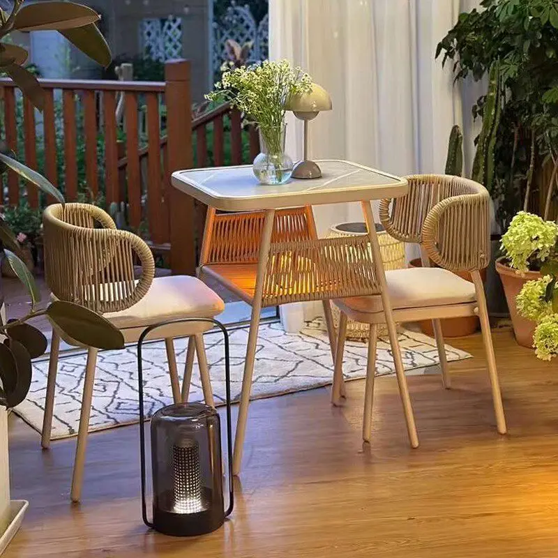

#Balcony Small Rattan Table Chair Set with Storage Cream Style Outdoor Garden Furniture for Small Spaces Three-Piece Tea Set