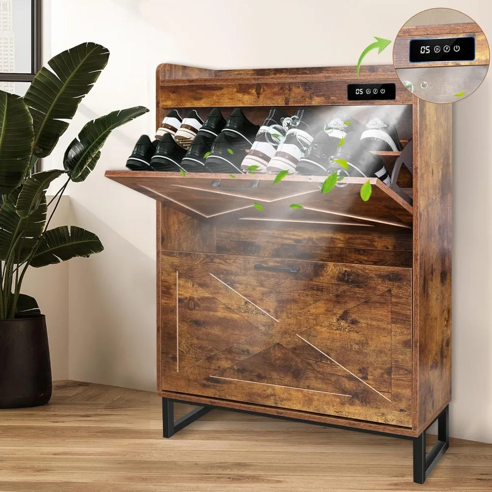Shoe Cabinet Storage for Entryway, Deodorizing Slim Shoe Rack with 2 Flip Drawers and Deodorizer, Freestanding S