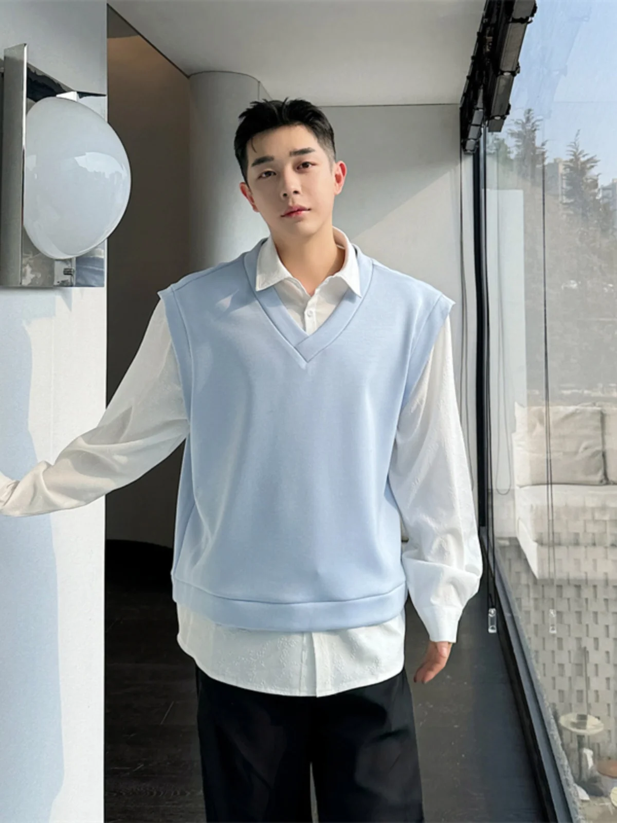 

Свободная мужская универсальная модная корейская верхняя одежда из двух предметов с длинным воротником-стойкой