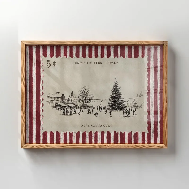 Vintage US Postage Stamp Christmas Canvas Wall Art Retro Winter Town Sketch Holiday Scene Home Wall Print Unframed Canvas Poster